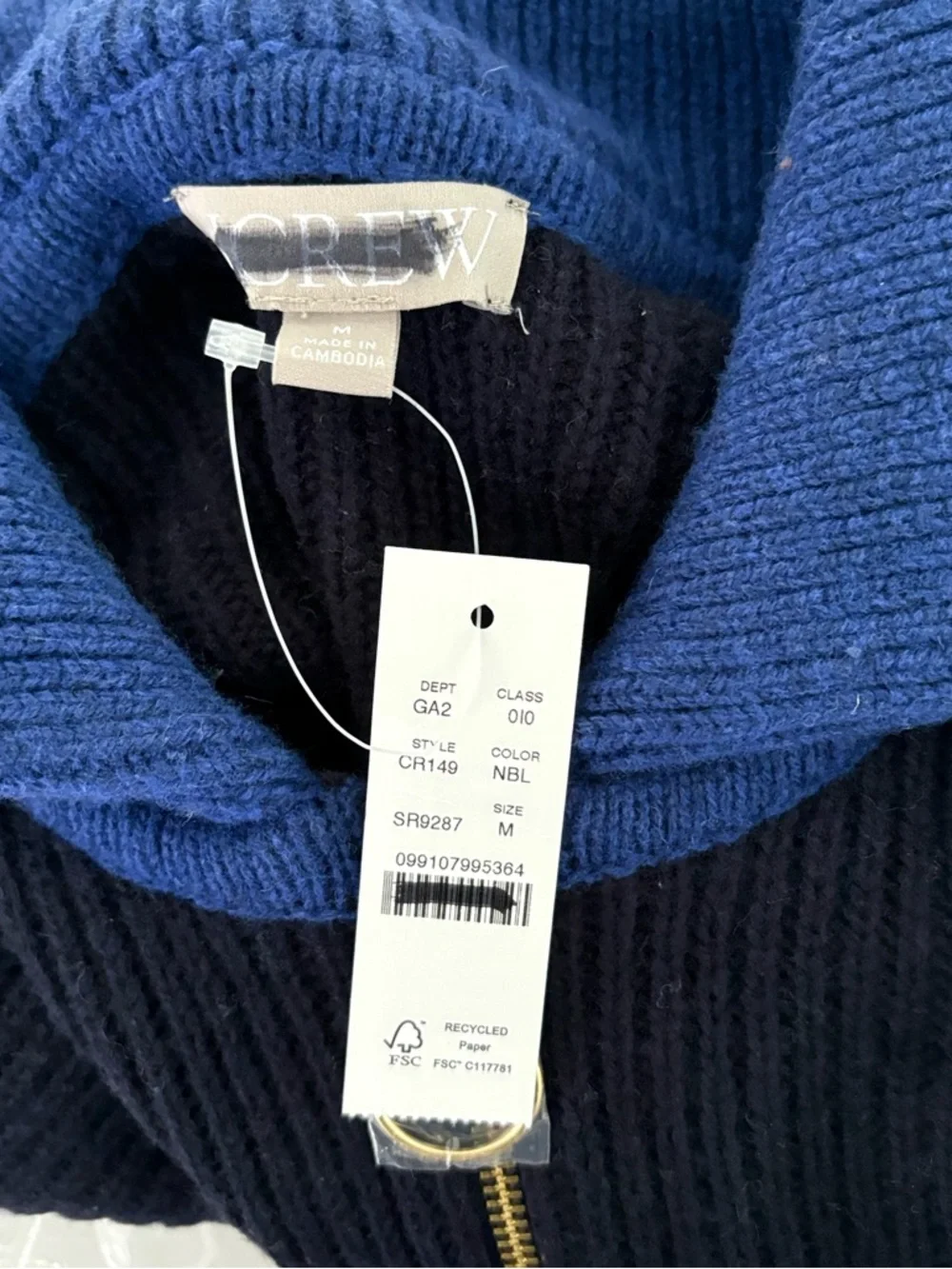 NWT J. Crew Colorblock Collared Full-zip Sweater Wool Navy Blue